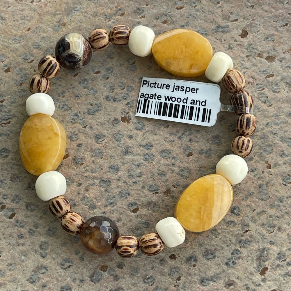 Yellow Agate and Brown Palm wood Beaded Bracelet 6.5”